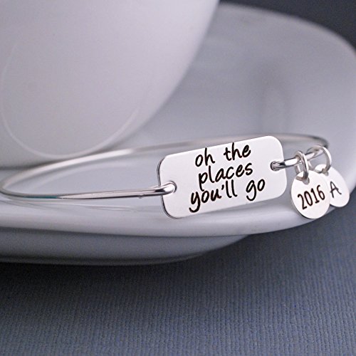 Sterling Silver Oh the Places You'll Go Bangle Bracelet, Personalized Dr. Suess Jewelry