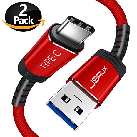 USB Type C Cable,JSAUX (6.6FT) USB C to USB 3.0 Strongest Fast charger Nylon Braided Cord for Samsung Galaxy Note 8 S8 S8 plus,Pixel,Moto Z Z2,LG V30 G5 V20,Nexus 6P Nintendo Switch More(Red 2 Pack)