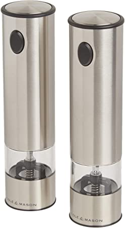 Cole & Mason Battersea Electric Salt and Pepper Grinder Set with LED Light-Electronic, Battery Operated Mill, Stainless Steel, 8"
