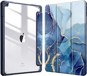 Fintie Hybrid Slim Case for iPad 9th / 8th / 7th Generation (2021/2020 / 2019) 10.2 Inch - [Built-in Pencil Holder] Shockproof Cover with Clear Transparent Back Shell, Ocean Marble