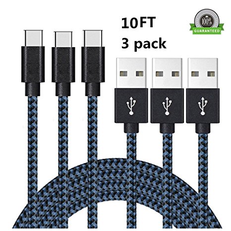 SUMOON Type C Cable, 3 x 10FT Nylon Braided USB Type C to Type A Cable for Galaxy S8, S8 Plus, Google Pixel/Pixel XL, Nexus 6p/5X, LG G6/G5, ZTE Zmax Pro Z981, HTC 10 and More (3-10FT-Blue Black)
