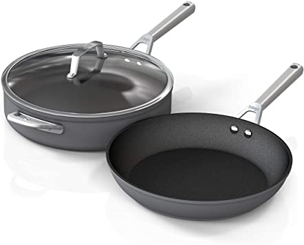 Ninja C33000 Foodi NeverStick Premium Hard-Anodized 3-Piece Cookware Set 12-Inch Fry 5-Quart Sauté Pan with Glass Lid, Slate Grey