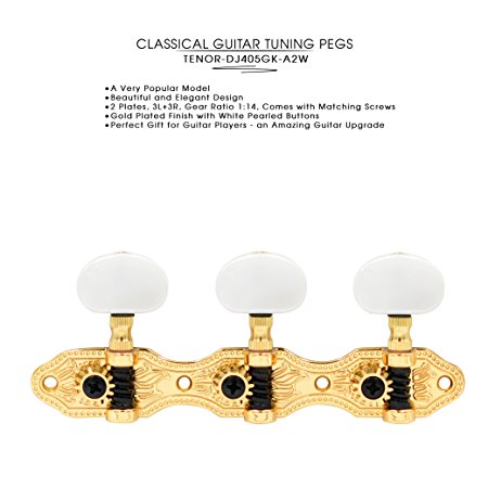 DJ405GK-A2W TENOR Classical Guitar Tuners, Tuning Key Pegs/Machine Heads for Classical or Flamenco Guitar with Gold and Black Finish and Pearl Colored Buttons.