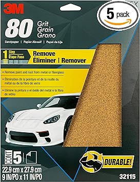 3M Sandpaper, 32115, 80 Grit, 9 in x 11 in, 5 Sheets Per Pack