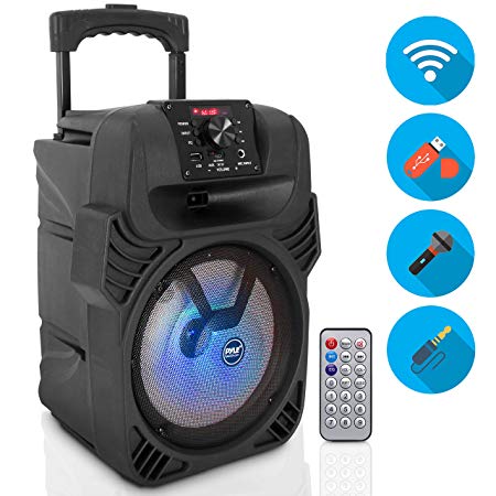 400W Portable Bluetooth PA Loudspeaker - 8” Subwoofer System, 4 Ohm/55-20kHz, USB/MP3/FM Radio/ ¼ Mic Inputs, Multi-Color LED Lights, Built-in Rechargeable Battery w/ Remote Control - Pyle PPHP844B