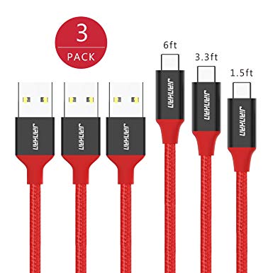 USB Type C Cable,JianHan USB C Cable 3 Pack Braided USB A to USB C Charging Charger Cord for Samsung Galaxy S9,S9 Plus,S8,S8 Plus,Note 8,Note 9,Galaxy A5 2017,A7,A8,A8 ,LG G7 G6 G5 V20 V30 G7 Thin Q,OnePlus 2 3 5 6,Google Pixel 2 2XL,Pixel C,Nexus 6P,5X,HTC 10 (1.5ft /3.3ft /6ft Red)