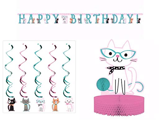 Purr-fect Cat Party Supplies Decoration Pack Including Centerpiece, Banner & Dizzy Danglers