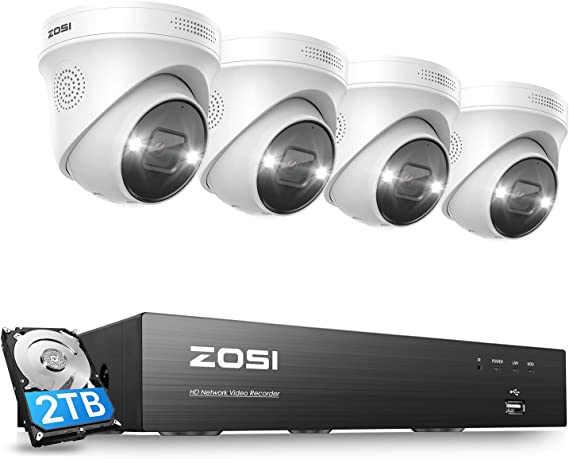 ZOSI 4K PoE CCTV Security Camera System with 2-Way Audio, 8CH H.265  NVR with 2TB HDD, 4x8MP Outdoor PoE IP Cameras, Color Night Vision, Waterproof, AI Human Detection, Smart Light Siren