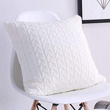 DOUH Decorative Cotton Knitted Pillow Case Cushion Cover Double-Cable Warm Throw Pillow Covers for Bed Couch 18 x 18 Inches/Cream