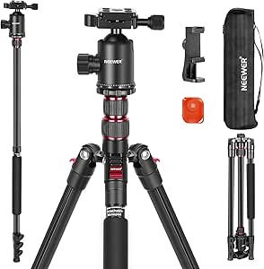 NEEWER 77” Camera Tripod Monopod with Phone Holder, Portable Travel Tripod with Remote, 360° Ball Head, 2 Axis Center Column, Arca QR Plate and Bag, Aluminum DSLR Tripod 34lb Max Load, TP77