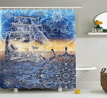 Ambesonne Home Decor Collection, Nautical Print with Mandala Patterns of Explorer Ship Map of the World Steering Wheel Sails Ocean, Polyester Fabric Bathroom Shower Curtain Set with Hooks, Blue