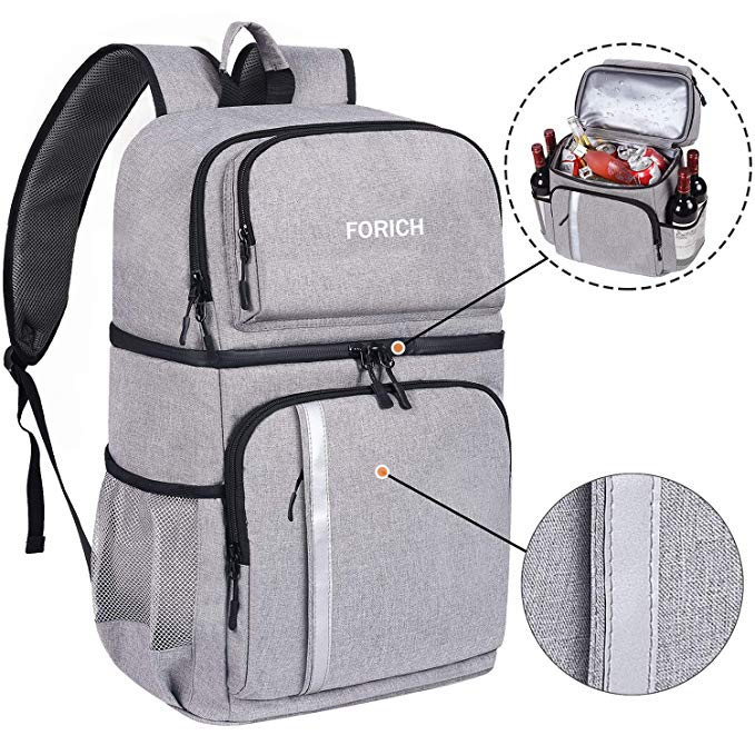 FORICH Insulated Cooler Backpack Double Deck Lightweight Leak Proof Backpack Cooler Bag Soft Lunch Backpack with Cooler Compartment for Men Women to Work Beach Travel Picnics Camping Hiking (Grey)