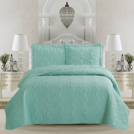 Rossa Collection 3-Piece Luxury Quilt Set with Shams. Soft All-Season Microfiber Bedspread and Coverlet in Solid Colors with Vermicelli Stitching. By Home Fashion Designs Brand (Full/Queen, Seagreen)