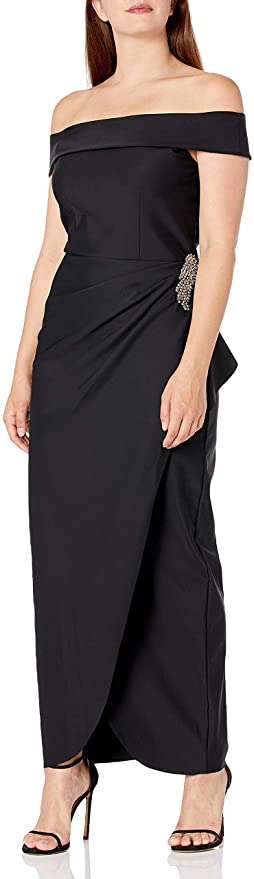 Alex Evenings Womens Slimming Long Side Ruched Dress with Cascade Ruffle Skirt