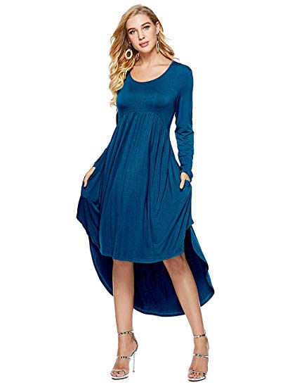 CROSS1946 Women's Scoop Neck Pockets High Low Pleated Loose Swing Casual Midi Dress