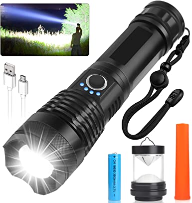 Rechargeable LED Flashlights High Lumens, Super Bright 10000 Lumens, Powerful Tactical Flashlights with 5 Lighting Modes, 26650 Batteries, Zoomable, Waterproof IPX5 for Camping, Emergencies