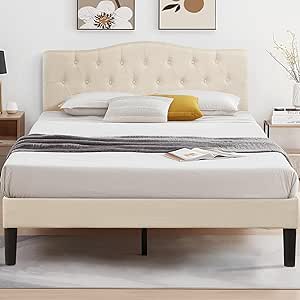 VECELO Full Size Bed Frame Upholstered Platform with Tufted Adjustable Headboard/Mattress Foundation with Wood Slat Support, Easy Assembly