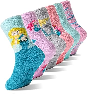 EBMORE Girls Kids Toddler Fuzzy Socks with Grips Non Slip Slipper Socks Crew Cabin Cozy Fluffy Hospital Warm Winter Socks 6 Pairs