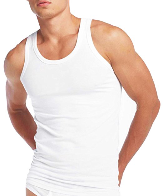 Mens Fitted Vest 100% Cotton Athletic Muscle Gym White Tank Top PACK OF 3