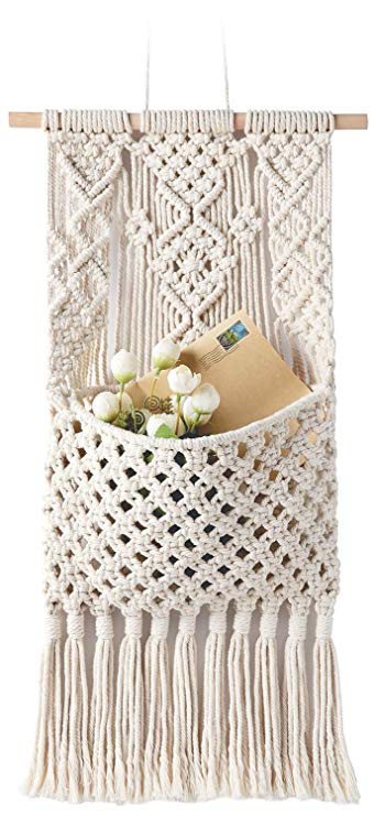 Mkono Macrame Magazine Storage Organizer Mail Holder Wall Mount Cotton Wovening Hanging Pocket,Boho Home Decor,Best, Ivory,13" W × 29" L