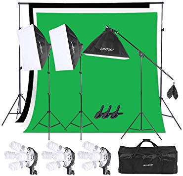 Andoer Lighting Kit, Photography Studio Softbox Light Kit and 6.6ftx10ft Background Support System, Including 3pcs Backdrops(Black/White/Green) Screen for Photo, Video, Portrait and Product Shooting