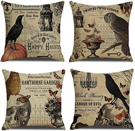 Set of 4 Vintage Halloween Pillow Case 18x18 Inch Square Linen, Owl/Crow/Pumpkin for Halloween Throw Pillow Covers Home Decor Halloween Cushions Goth’s Home Decoration
