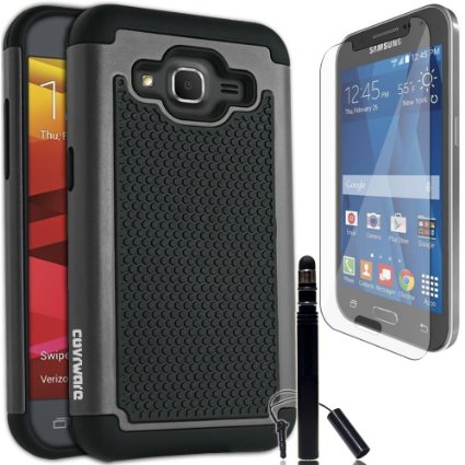 COVRWARE® Samsung Galaxy Core Prime / Prevail LTE, 3 in 1 Bundle - [Armor Defender Series] Dual Layer Protective Case [ Shockproof ][ Screen Protector ][ Stylus Pen ] - Gray (CW-G360-SK10)