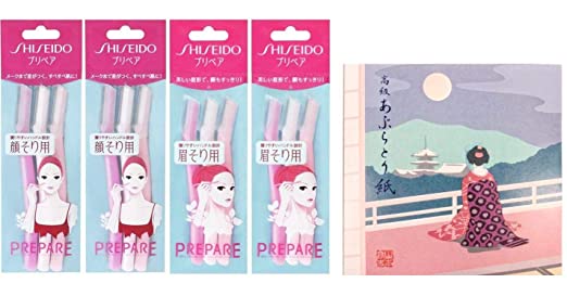 PREPARE Facial And Eyebrow Razor for Women, Pack of 4 (Facial 2 Pieces   Eyebrow 2 Pieces) Includes Oil Blotting Paper - You just need to touch it gently【Original Washi Package】【Miyako】