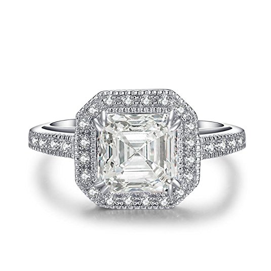 Castillna Sterling Silver Halo Asscher Cut Engagement Ring