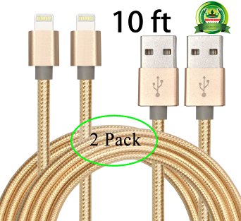 Abloom 2Pack 10ft Nylon Braided Popular Lightning Cable 8Pin to USB Charging Cable Cord with Aluminum Heads for iPhone 6/6s/6 Plus/6s Plus/5/5c/5s/SE,iPad iPod Nano iPod Touch(Golden)