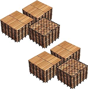 Yaheetech 54pcs Acacia Wood,Interlocking Deck Tiles with Non-Slip Surface,Easy Snap Waterproof Flooring Tiles for Indoor Outdoor,Cracking Resistant Patio Backyard Decor for All Weather Use,Wood