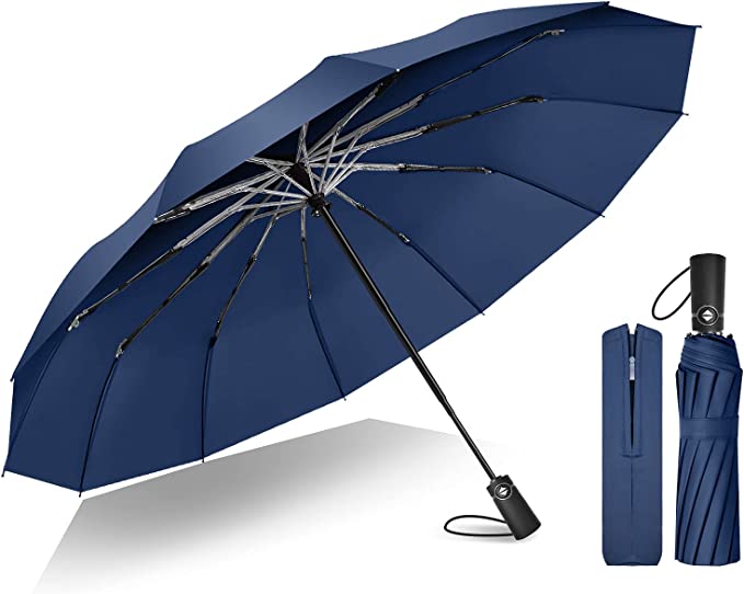 12 Ribs Umbrella Windproof Automatic Folding Umbrella - Auto Open & Close Button for Single Hand Use Fiberglass Ribs Teflon Umbrella for Rain and Sun