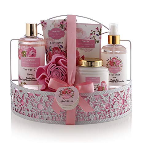 - Spa Gift Basket - Wild Rose & Raspberry Leaf Fragrance - 7 Piece Bath & Body Set For Women, Contains Shower Gel, Lotion, Body Scrub, Bath Salt, Body Mist, Bath Puff & Shower Caddy