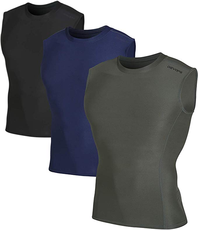 DEVOPS Men's 3 Pack Cool Dry Athletic Compression Baselayer Workout Sleeveless Shirts