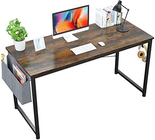 Foxemart 55" Computer Desk Modern Sturdy Office Desk 55 Inch Writing Study Desk Simple PC Laptop Notebook Table with Storage Bag and Iron Hook for Home Office Workstation, Rustic Brown