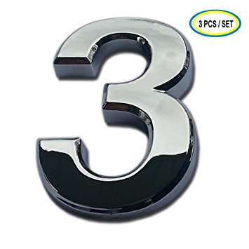 3 Packs House Number iMustech® 2-3/4 Inch Silver 3D Self-stick Mailbox Number with Shiny Silver Plating, For Door, House, Mailbox, Street Address Sign, Car Sticker (#3 Silver)