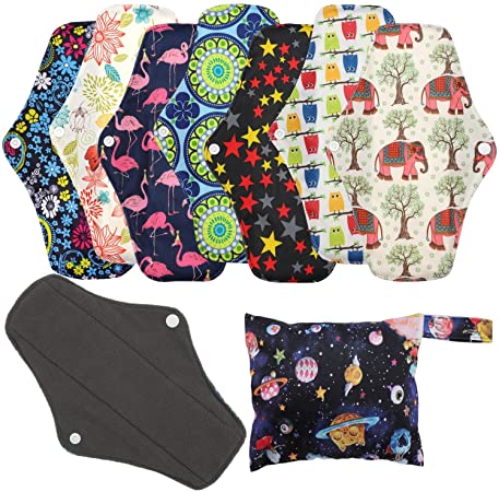 Reusable Menstrual Pads (7 In 1, 10in*7in), PHOGARY Bamboo Cloth Pads for Heavy Flow with Wet Bag, Large Sanitary Pads Set with Wings for Women, Washable Overnight Cloth Panty Liners Period Pads