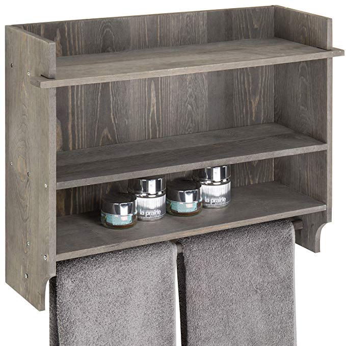 MyGift Wall-Mounted Gray Wood 3-Tier Bathroom Organizer Shelf with Towel Bar