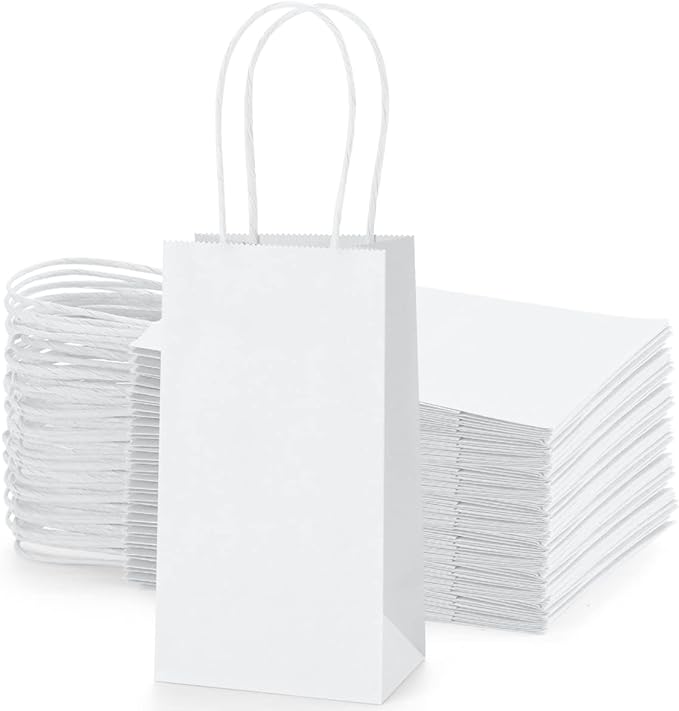 BagDream 50 Pack 3.5x2.4x6.7 Inches Small Kraft Paper Gift Bags with Handles Bulk Mini Party Favor Bags Candy Bags Recyclable White Paper Bag for Samples