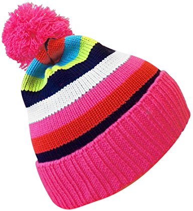 Peach Couture Classic Warm Adorable Kids Striped Cable Knit Winter Pom Pom Hat