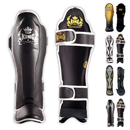 KINGTOP Top King Shin Guard Protector Empower Creativity Superstar Color Black White Size S M L XL for Protection in Muay Thai, Boxing, Kickboxing, MMA