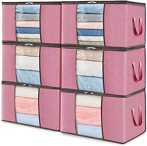 Lifewit 6 Packs Clothes Storage Bag, Storage Bins for Clothes, Blankets, Comforters, Foldable Clothing Storage with Reinforced Handle, Sturdy Zipper, Closet Organizer With Clear Window, Pink