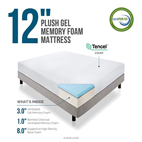 LUCID 12 Inch Gel Memory Foam Mattress - Triple-Layer - 4 Pound Density Ventilated Gel Foam - CertiPUR-US Certified - 10-Year Warranty - Cal King with LUCID Encasement Mattress Protector - Cal King