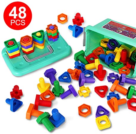 48 PCS Jumbo Nuts and Bolts Toy with Box 4 Shapes and 6 Colors Matching Sorting Game Educational Learning Toys for Baby Toddlers Infants Age 1 2 3 Year Old