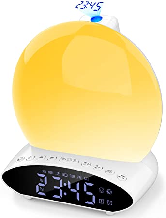 Sunrise Alarm Clock with Projection - Smart Sunlight Wake Up Light for Heavy Sleepers Bedrooms Dawn Wakeup Daylight Sunset Simulation - Dual Alarms / Snooze / FM Radio / 7 Colors / 20 Natural Sounds