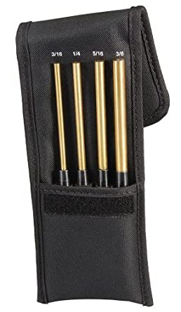 Starrett SB248Z Extended Length Brass Drive Pin Punch 4-Piece Set, 3/16"-3/8" Pin Diameters, 8" Overall Length, 3-1/2" Pin Length, In Fabric Pouch