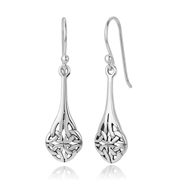 925 Oxidized Sterling Silver Bali Inspired Celtic Knot Long Teardrop Dangle Hook Earrings 1.4"