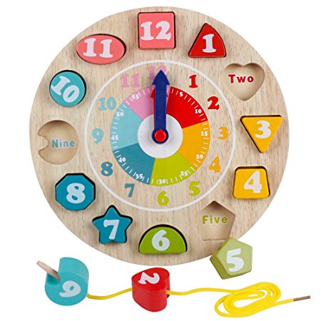 Wooden Shape Sorting Teaching Clocks Educational Lacing Beads Toys for Preschool Age Kids Toddlers