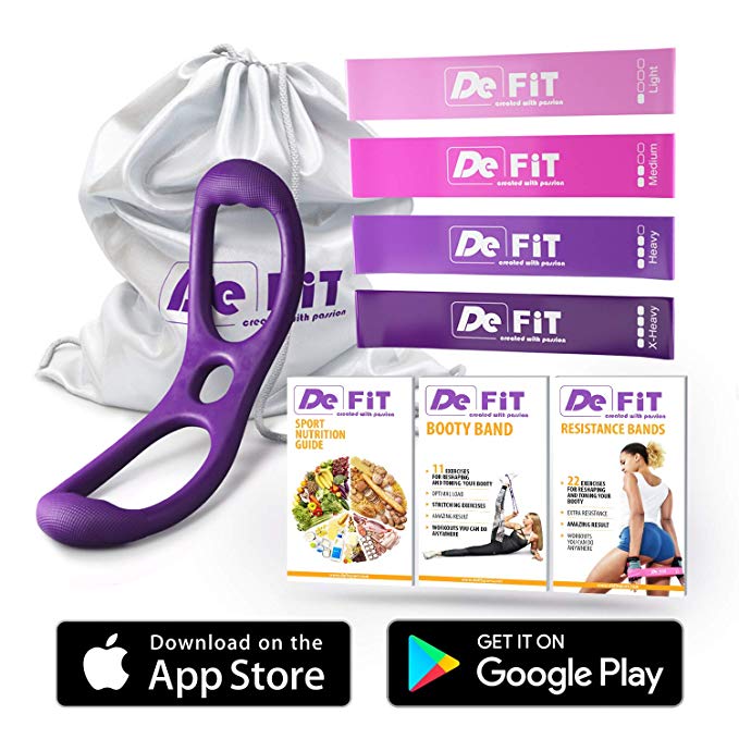 DeFiT Booty Band & Resistance Bands - Butt Bands Belt - Set of 12 inch Exercise Bands with Booty Bands for Women   Free Fitness iOS/Android App   Carry Bag   Exercise & Nutrition Guides eBooks