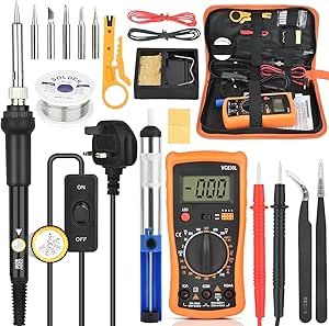 Soldering Iron Kit, Soldering Kit with LCD Digital Multimeter, 60W Adjustable Temperature 200-450°C Welding Tools with 5 Soldering Tips,Desoldering Pump,Tin Wire Tube, Stand, Stripper Cutter, Tweezers